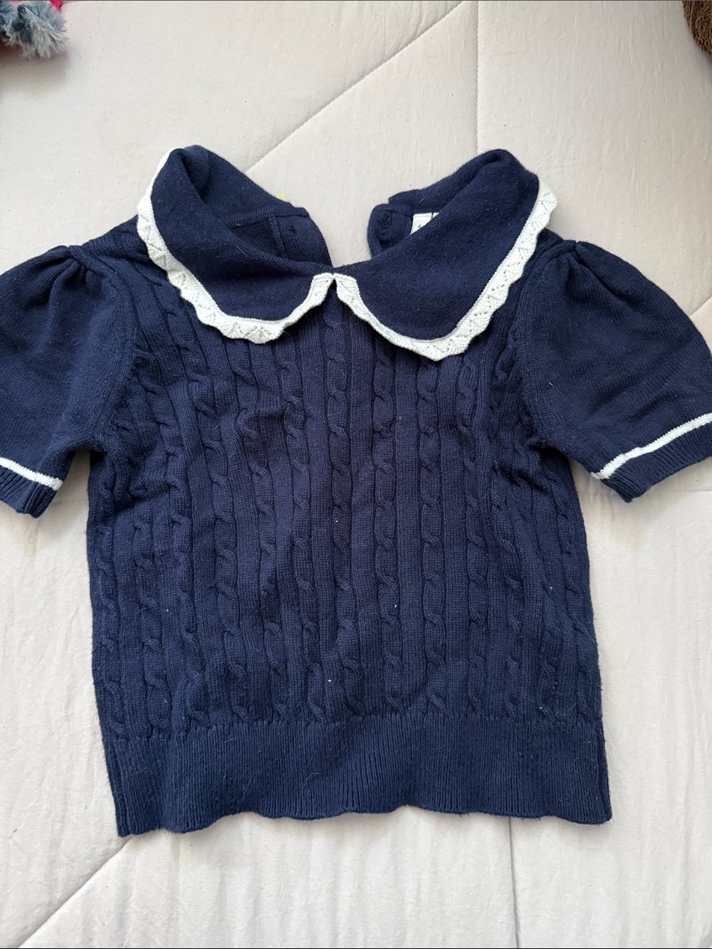 Janie and Jack Navy Cable Knit Top with White Scalloped Collar